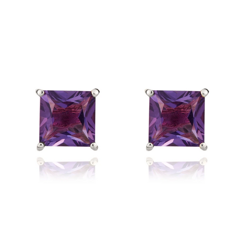 9ct White Gold Amethyst 5mm Princess Cut Claw Set Stud Earrings. 33-51-038.