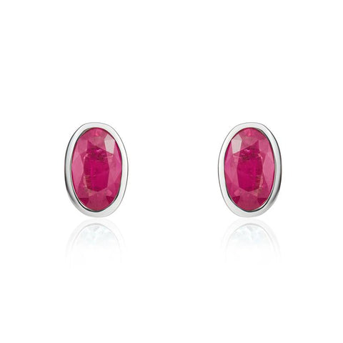 9ct White Gold Ruby 5x3mm Oval Rub Over Set Stud Earrings. 33-23-036.