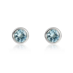 9ct White Gold Aquamarine 4mm Round Rub Over Set Stud Earrings, HBM-063