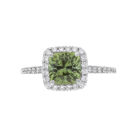 18ct White Gold 1.84ct Green Tourmaline and Diamond Halo Ring, FEU-2025.