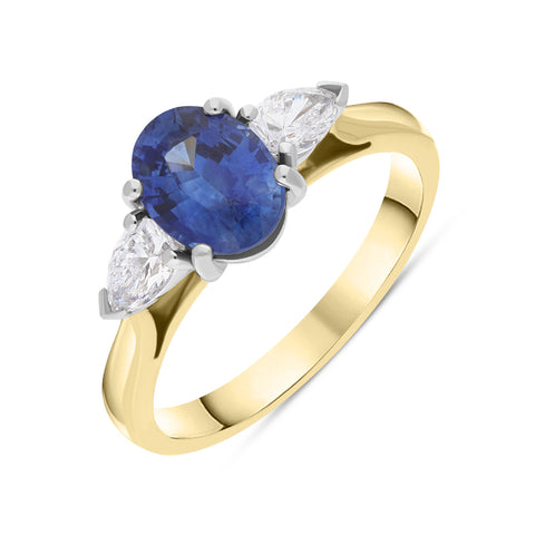 18ct Yellow Gold Sapphire Diamond Oval Cut Claw Set Ring. FEU-1377.