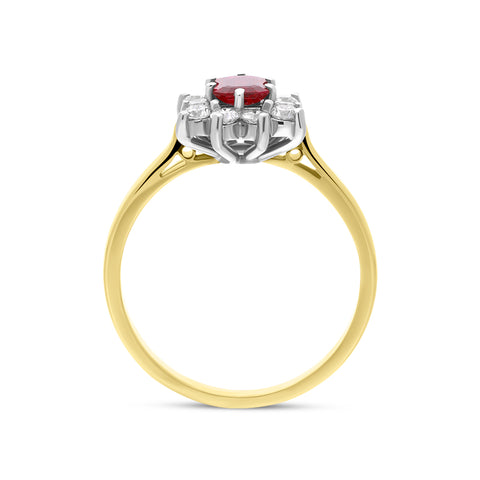 18ct Yellow Gold 0.46ct Ruby Diamond Emerald Cut Cluster Ring, FEU-1475.