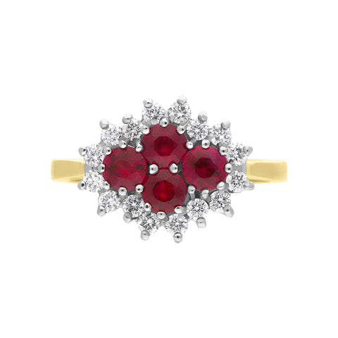 18ct Yellow Gold 0.85ct Ruby Diamond Cluster Ring, FEU-1610.