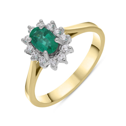 18ct Yellow Gold 0.38ct Emerald Diamond Floral Cluster Ring