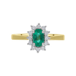 18ct Yellow Gold 0.38ct Emerald Diamond Floral Cluster Ring