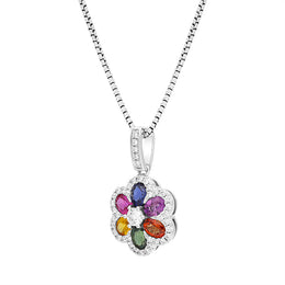 18ct White Gold Rainbow Sapphire 1.23ct Diamond Floral Cluster Necklace