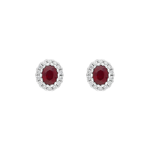 18ct White Gold Ruby Diamond Oval Cluster Earrings