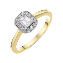 18ct Yellow Gold 0.47ct Diamond Emerald Cut Halo Ring, FEU-582.