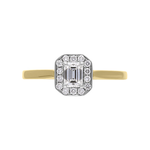 18ct Yellow Gold 0.47ct Diamond Emerald Cut Halo Ring, FEU-582.