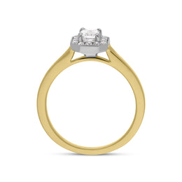 18ct Yellow Gold 0.47ct Diamond Emerald Cut Halo Ring, FEU-582.