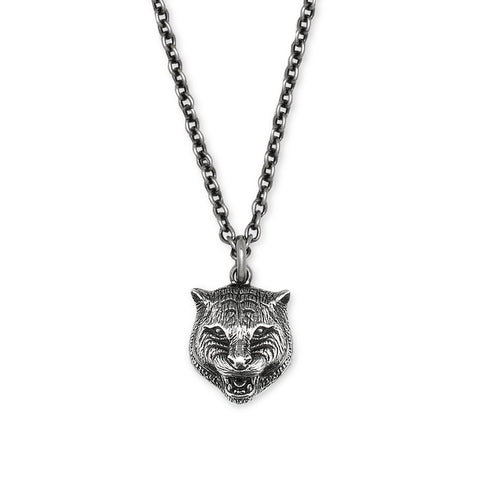 Gucci Feline Head Aged Sterling Silver Necklace YBB433608001