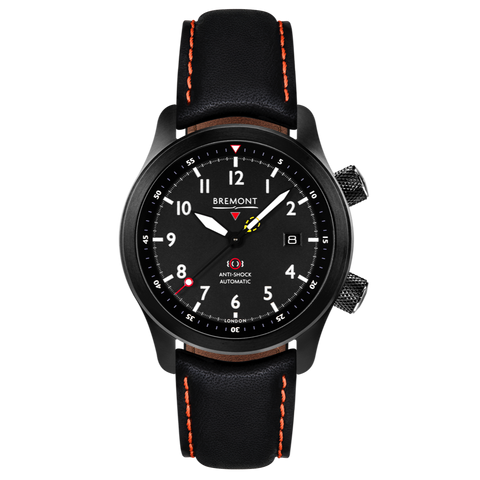 Bremont Watch MBII Custom DLC Black Dial with Orange Barrel & Open Case Back