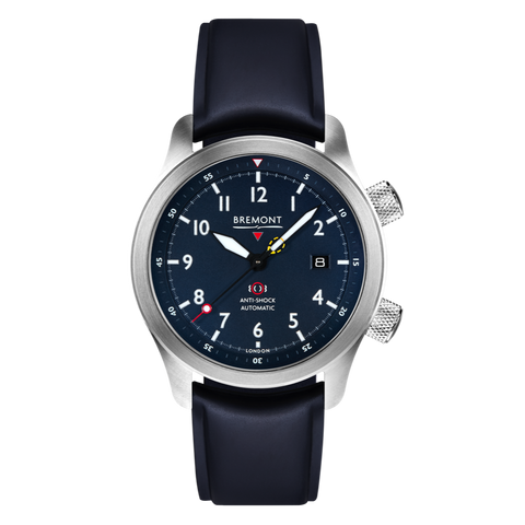 Bremont Watch MBII Custom Stainless Steel Blue Dial with Blue Barrel & Open Case Back