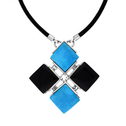 Sterling Silver Whitby Jet Turquoise Mosaic Leather Necklace D N743