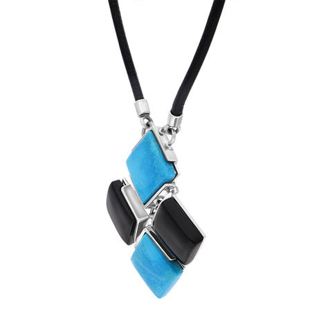 Sterling Silver Whitby Jet Turquoise Mosaic Leather Necklace D