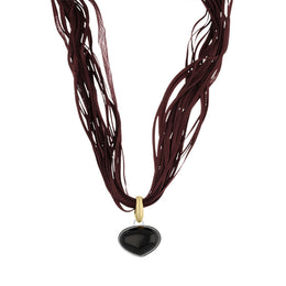 Sterling Silver Gold Plated Whitby Jet Burgundy Silk Triangle Necklace D N564.