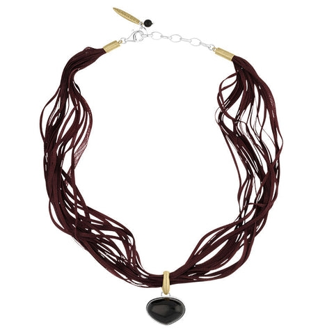 Sterling Silver Gold Plated Whitby Jet Burgundy Silk Triangle Necklace D