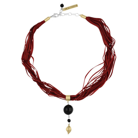 Sterling Silver Gold Plated Whitby Jet Red Silk Leaf Necklace D