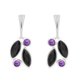 Sterling Silver Amethyst Whitby Jet Drop Stud Earrings. E1803.