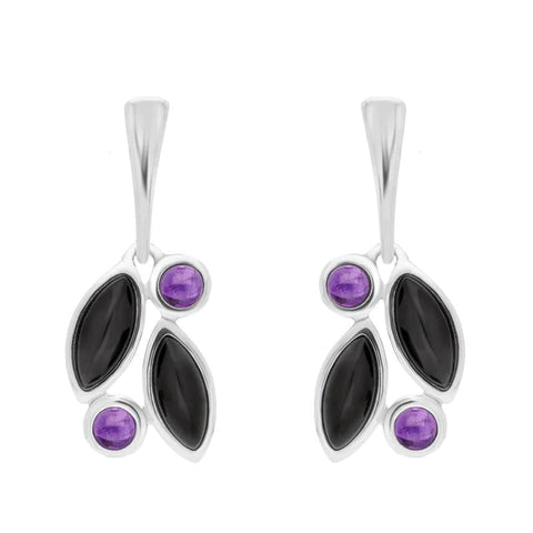 Sterling Silver Amethyst Whitby Jet Drop Stud Earrings. E1803.