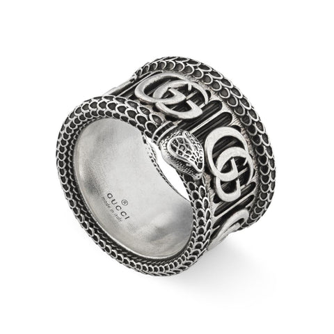 Gucci GG Marmont Aged Sterling Silver Double G Snake Motif Ring YBC577201001