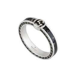 Gucci Interlocking Sterling Silver Black Enamel Band Ring D