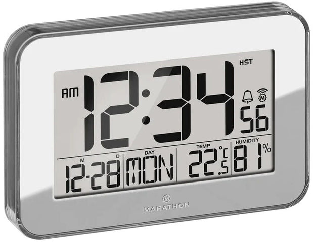 Marathon Clock Crystal Framed Atomic Wall Temperature & Humidty Silver CL030060-MR-00-EU1