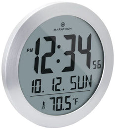 Marathon Clock Round Digital Wall Date and Temperature Stainless Steel CL030069-SS-00-EU1