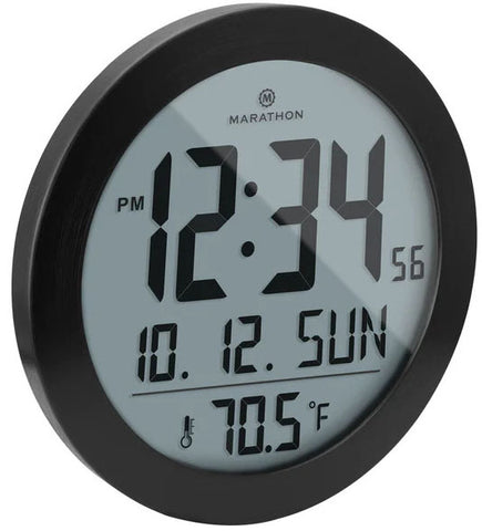 Marathon Clock Round Digital Wall Date and Temperature Black Steel CL030069-BS-00-EU1