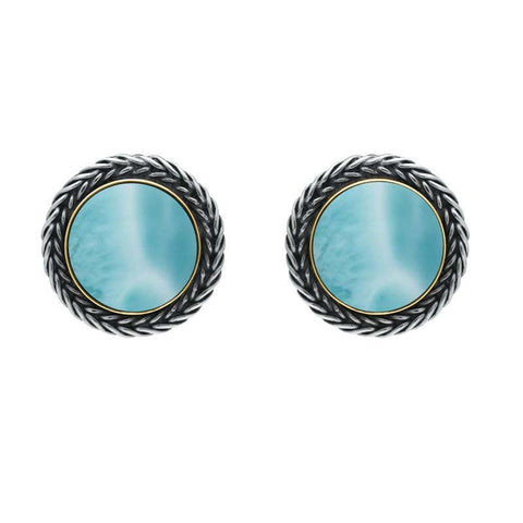 Sterling Silver 18ct Yellow Gold Larimar Foxtail Round Stud Earrings, E1456