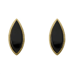 Sterling Silver Gold Plated Whitby Jet Marquise Stud Earrings D E1088.