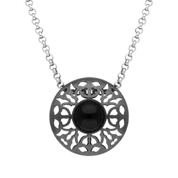 Sterling Silver Black Rhodium Whitby Jet Round Filigree Necklace D N780OX.