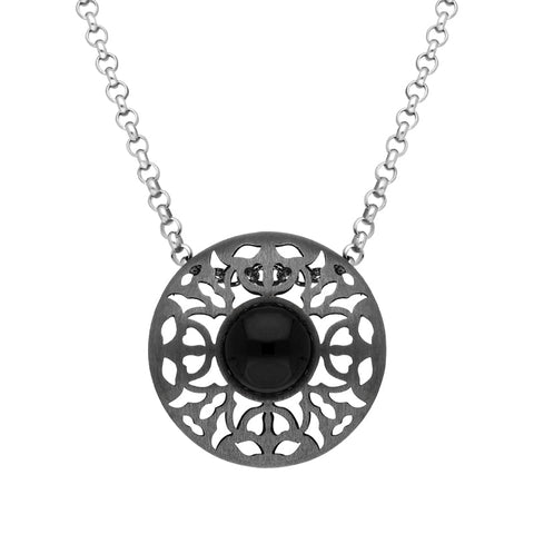 Sterling Silver Black Rhodium Whitby Jet Round Filigree Necklace D N780OX.