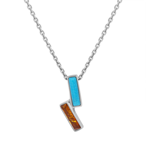 Sterling Silver Amber Turquoise Oblong Two Stone Necklace, P1490.